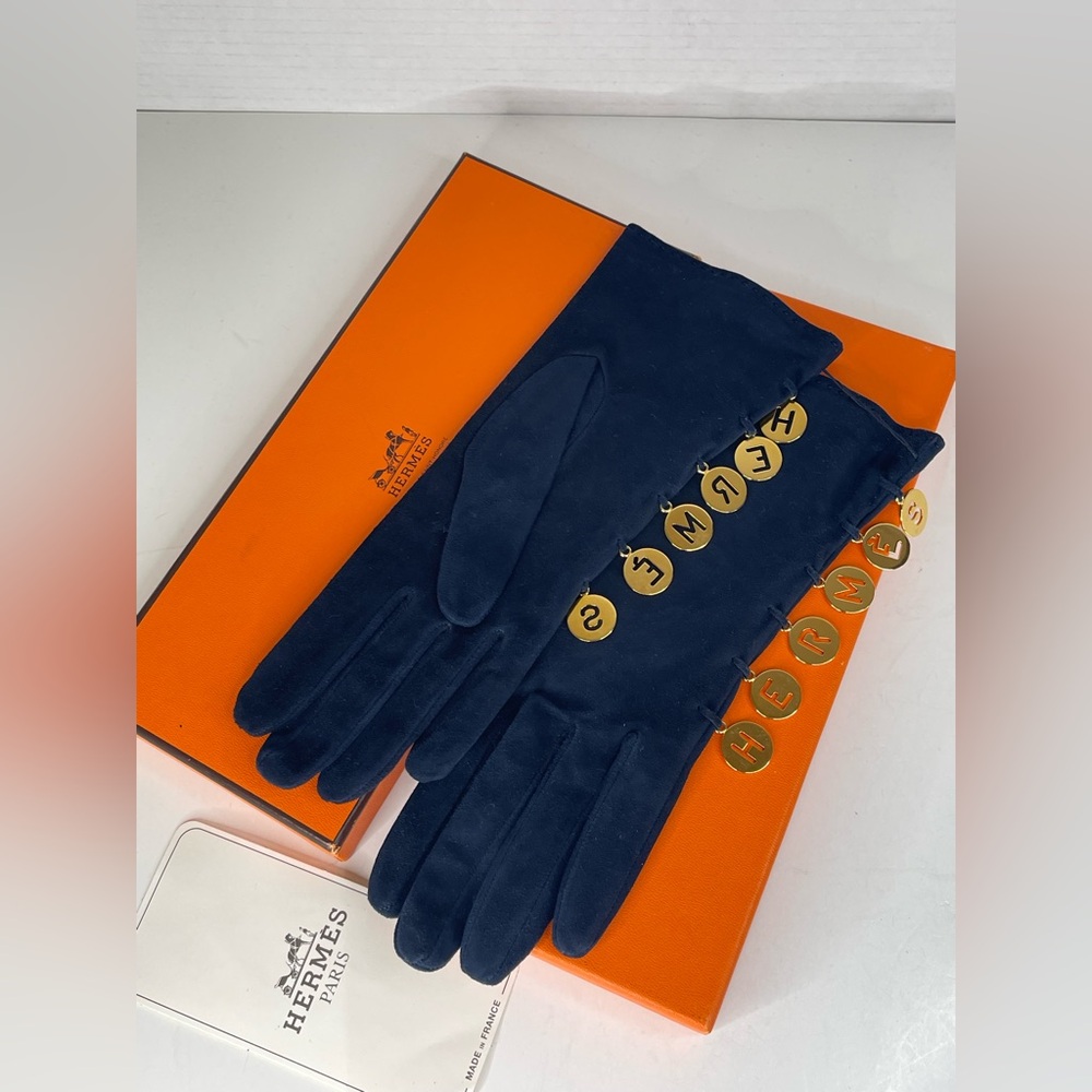 Hermes Navy Suede Gloves with Gold Letter Charms With Box